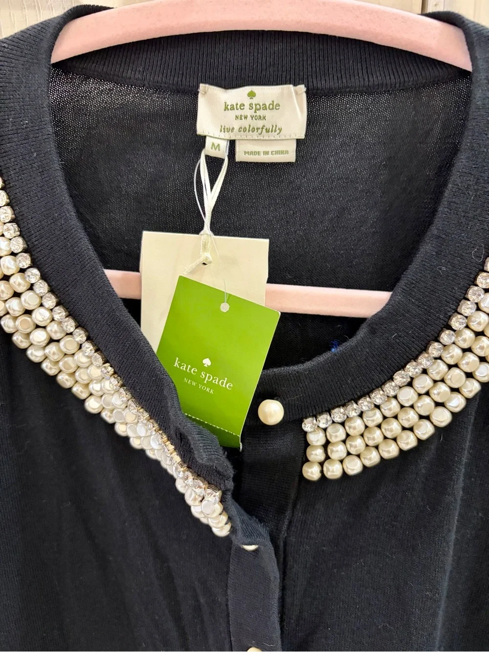 NWT Kate Spade Tula Black Pearl-Trim Cardigan M
